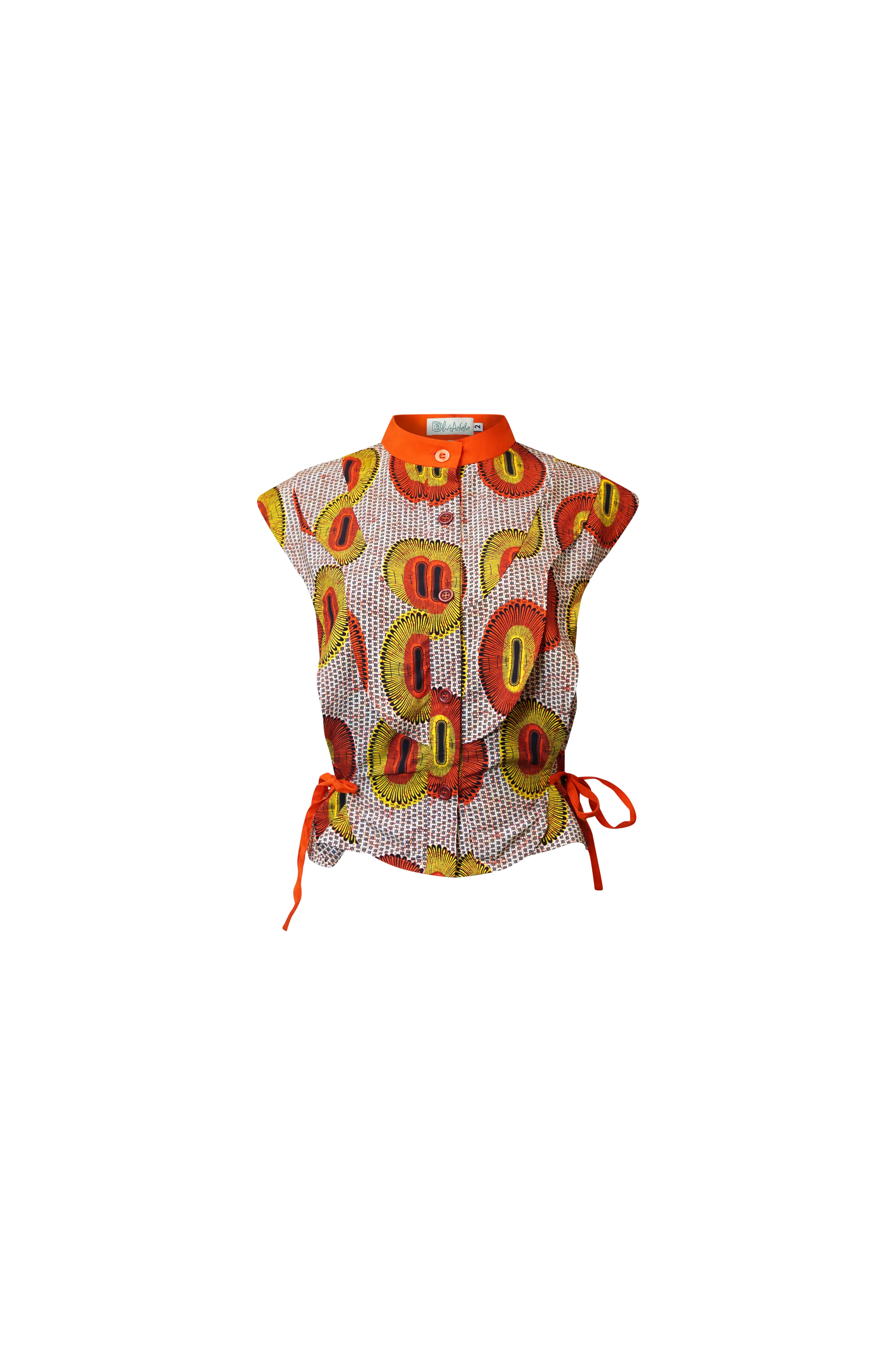 Adanna High Neck Shirt Top - Orange Yellow Rhythmic Spirits Print | ILC OA OG