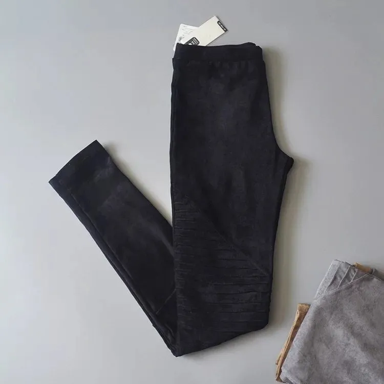 Autumn Suede Leggings Solid High Elastics Bodycon Pencil Pants Fashion Casual Medium Waist Trousers