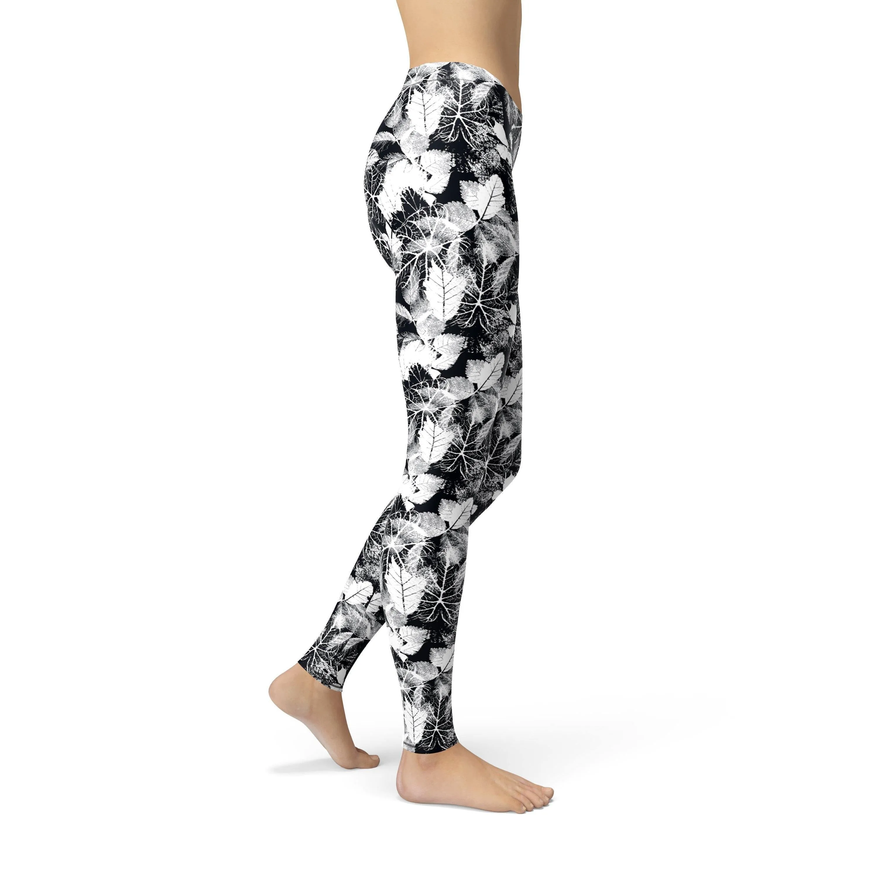 Avery Black White Leaves Leggings