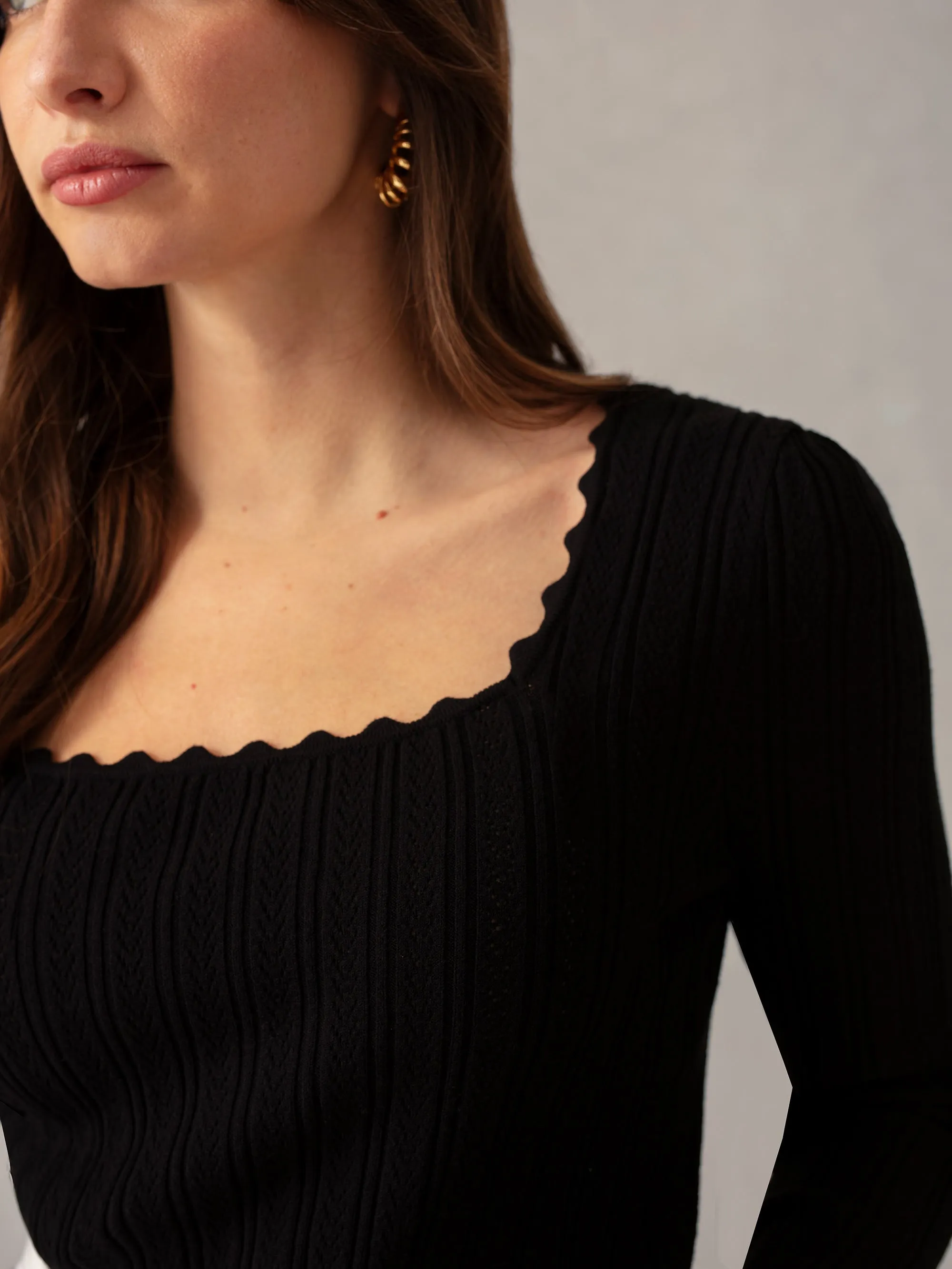 Black Knit Square Neck Top