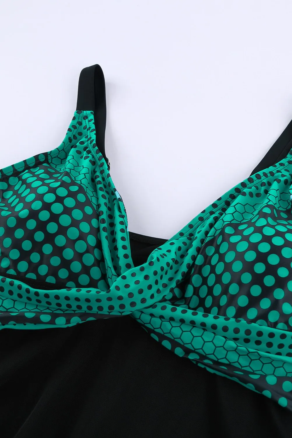 Black Retro Green Polka Dot Print Handkerchief Hem Tankini Set