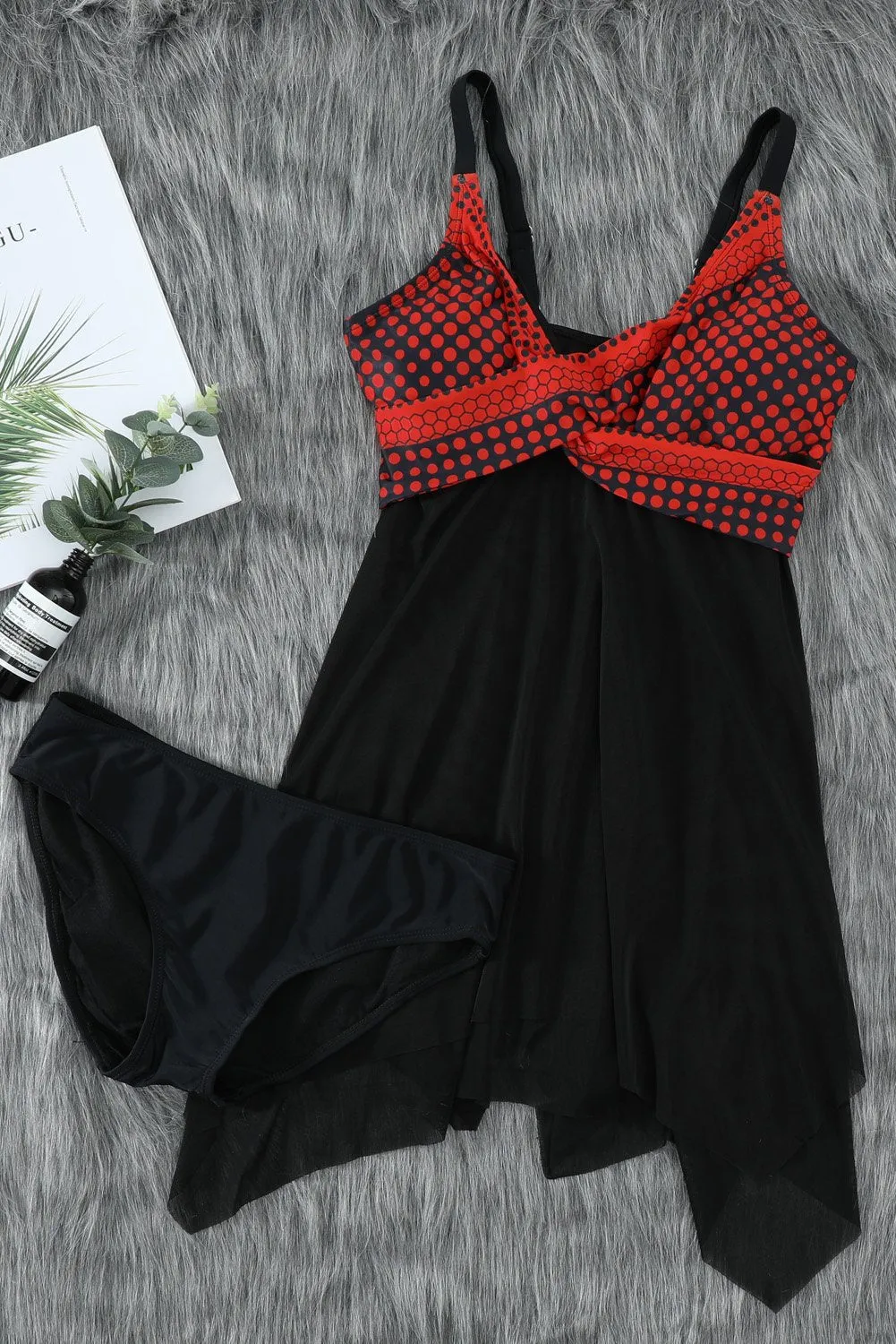 Black Retro Orange Polka Dot Print Handkerchief Hem Tankini Set