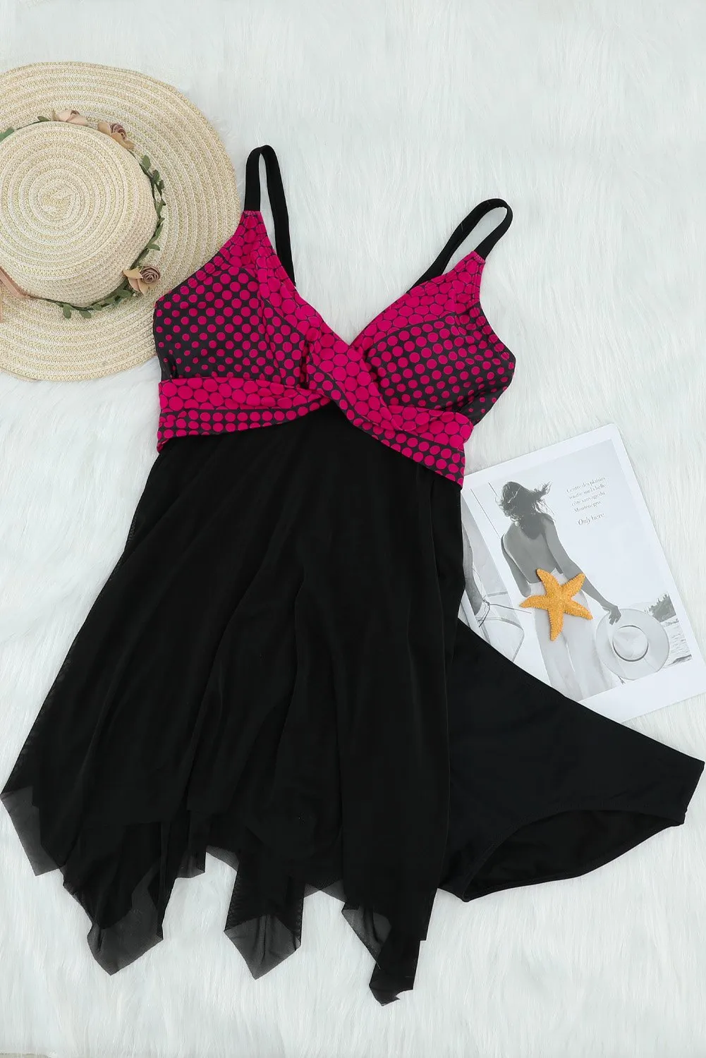 Black Retro Rose Polka Dot Print Handkerchief Hem Tankini Set