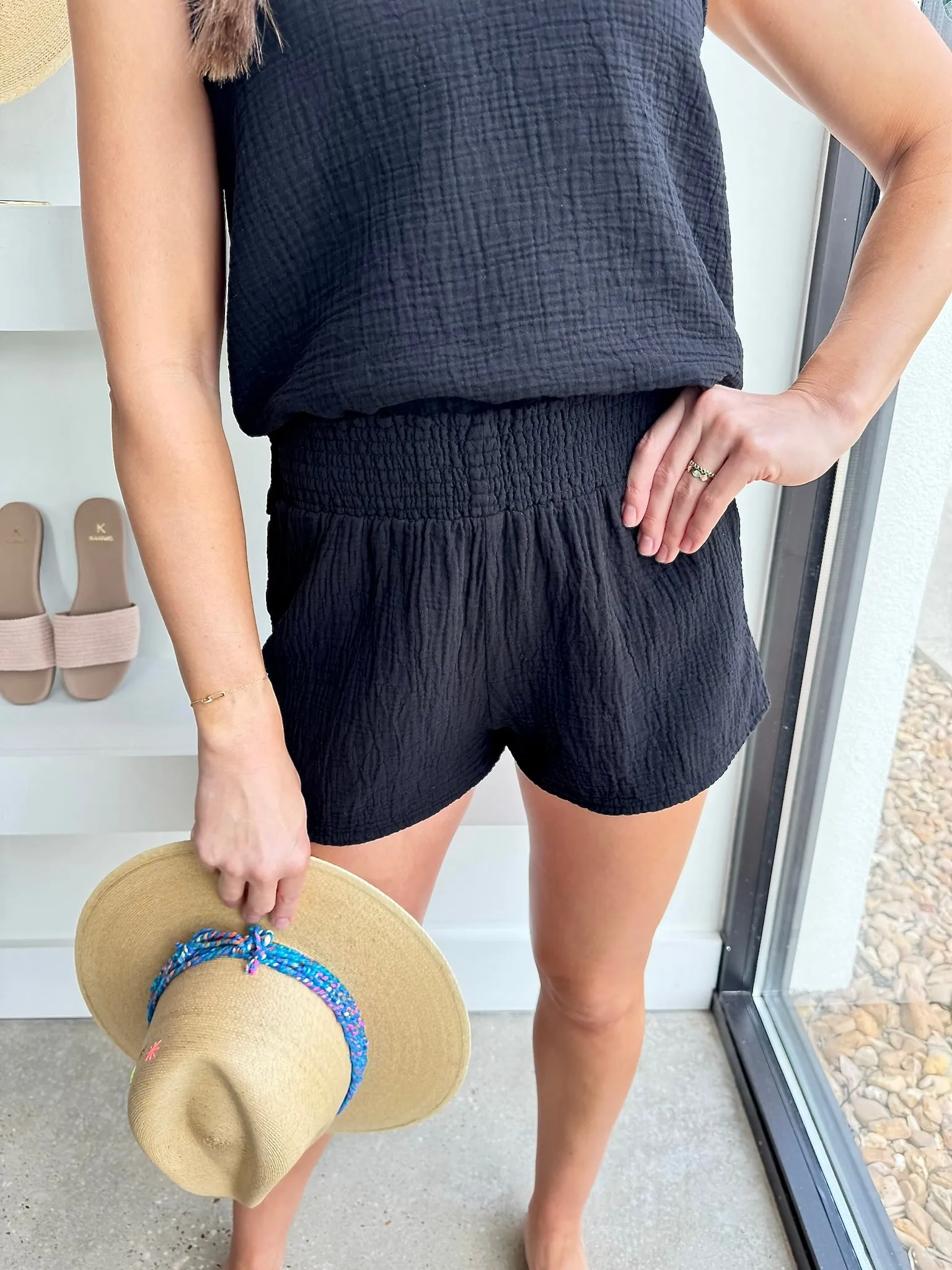 Black Smocked Waist Shorts