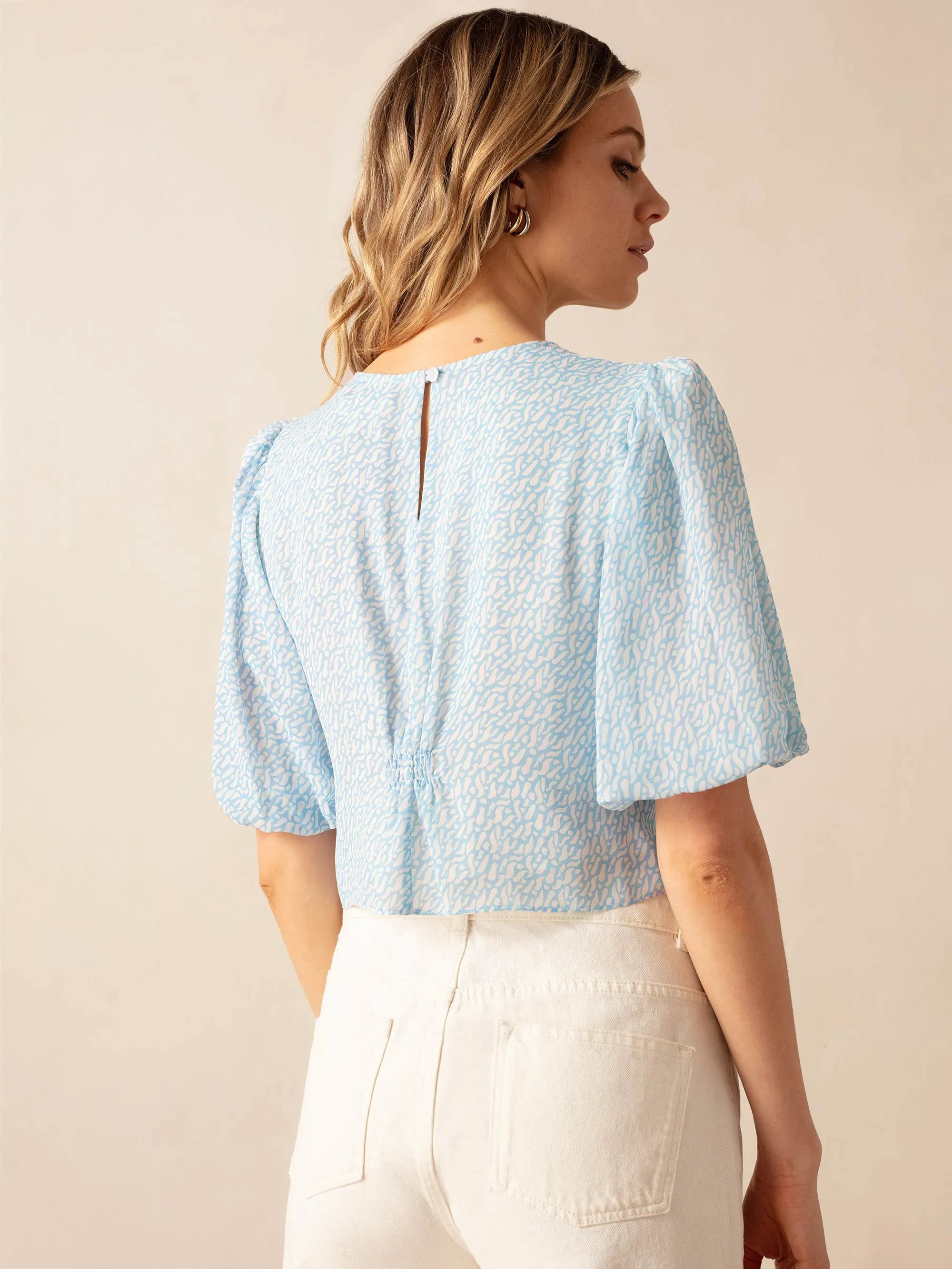 Blue Squiggle Print Ruched Front Top