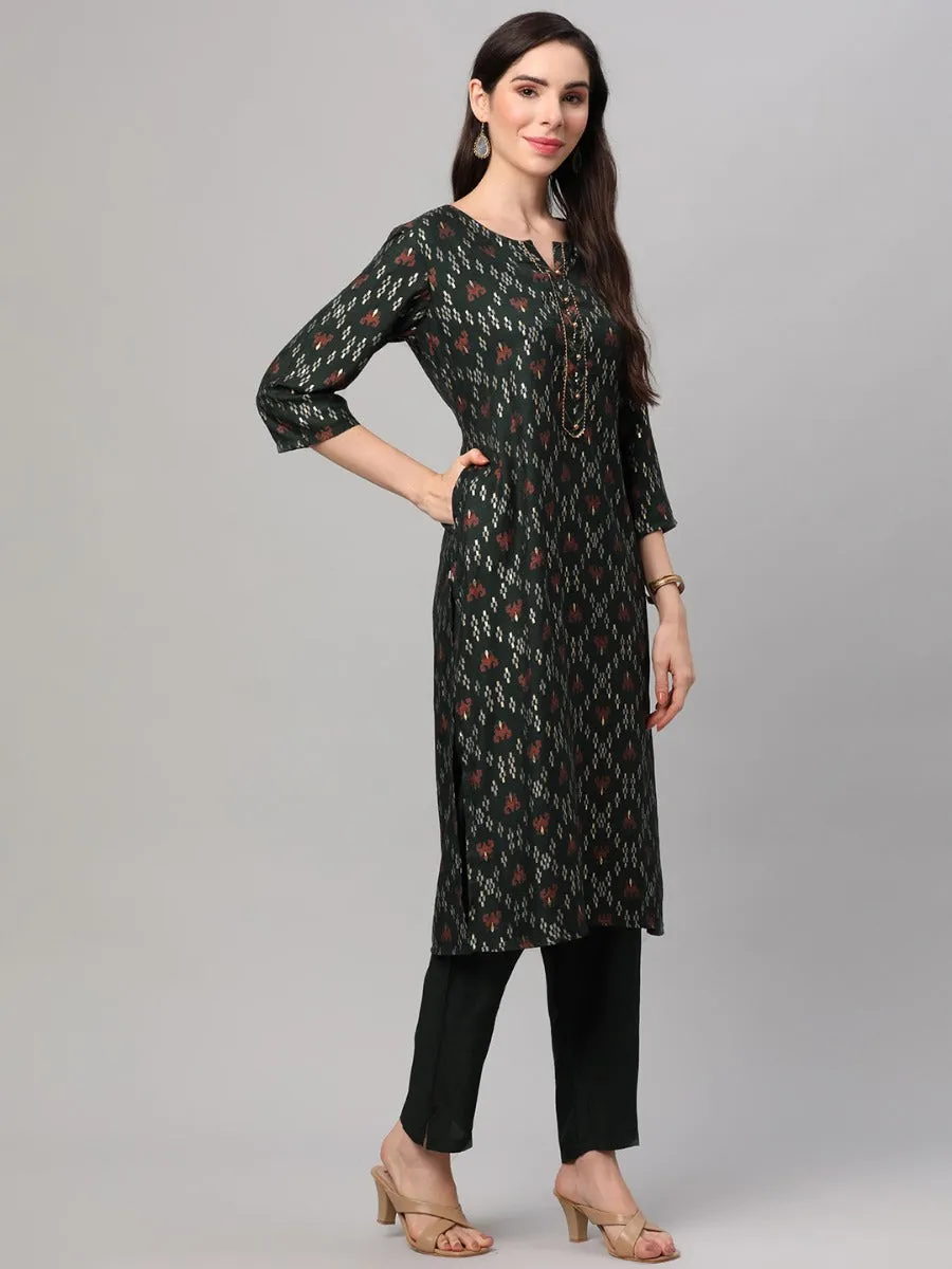 Bottle Green Ornamental Printed Kurta Trouser Dupatta