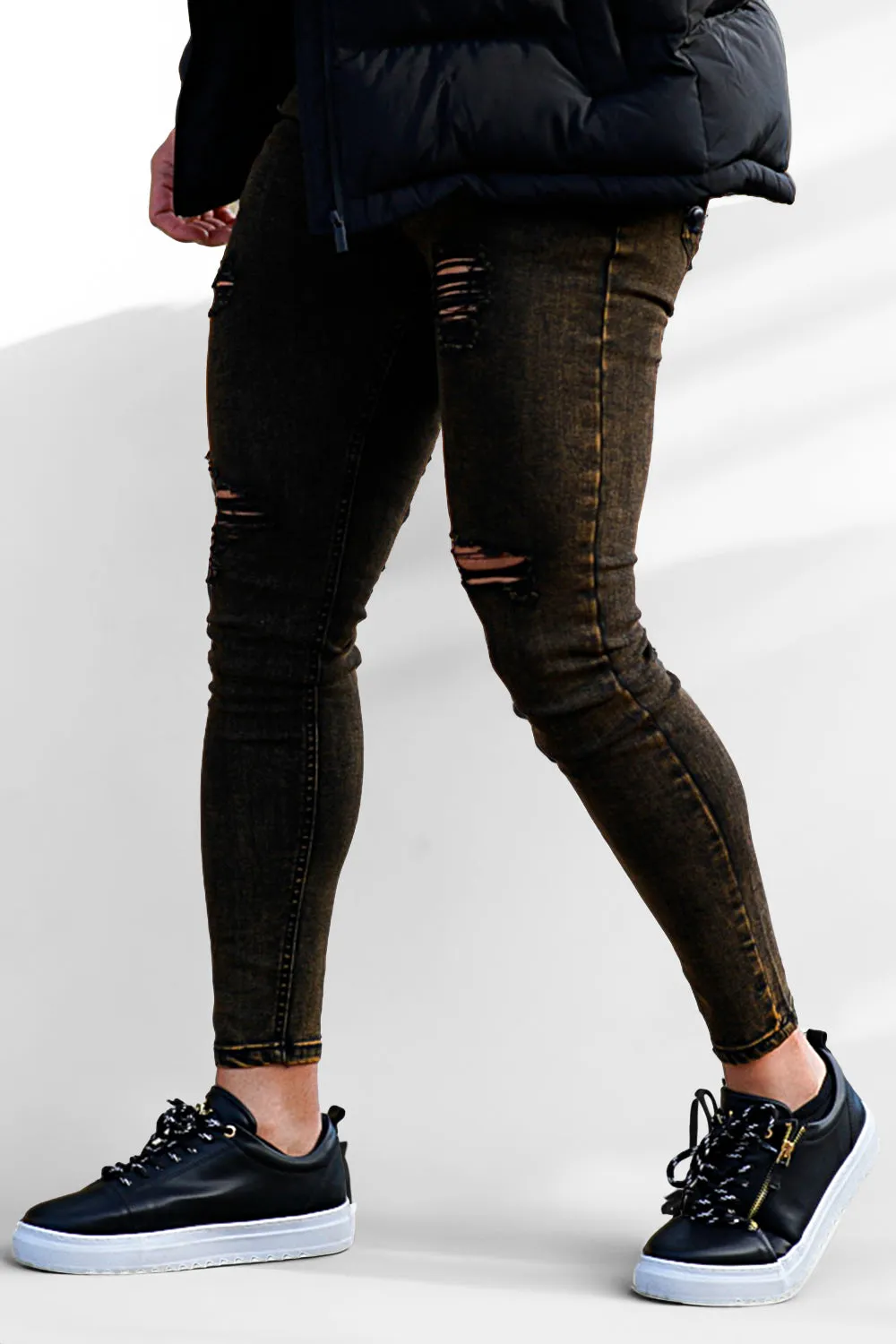 Buy $80 Free Shipping Men's Black Ripped Skinny Jean With Gold