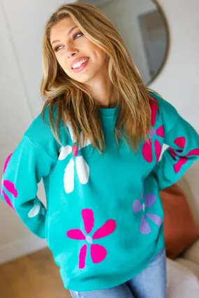 Explore More Collection - Adorable Turquoise Daisy Flower Jacquard Pullover Sweater