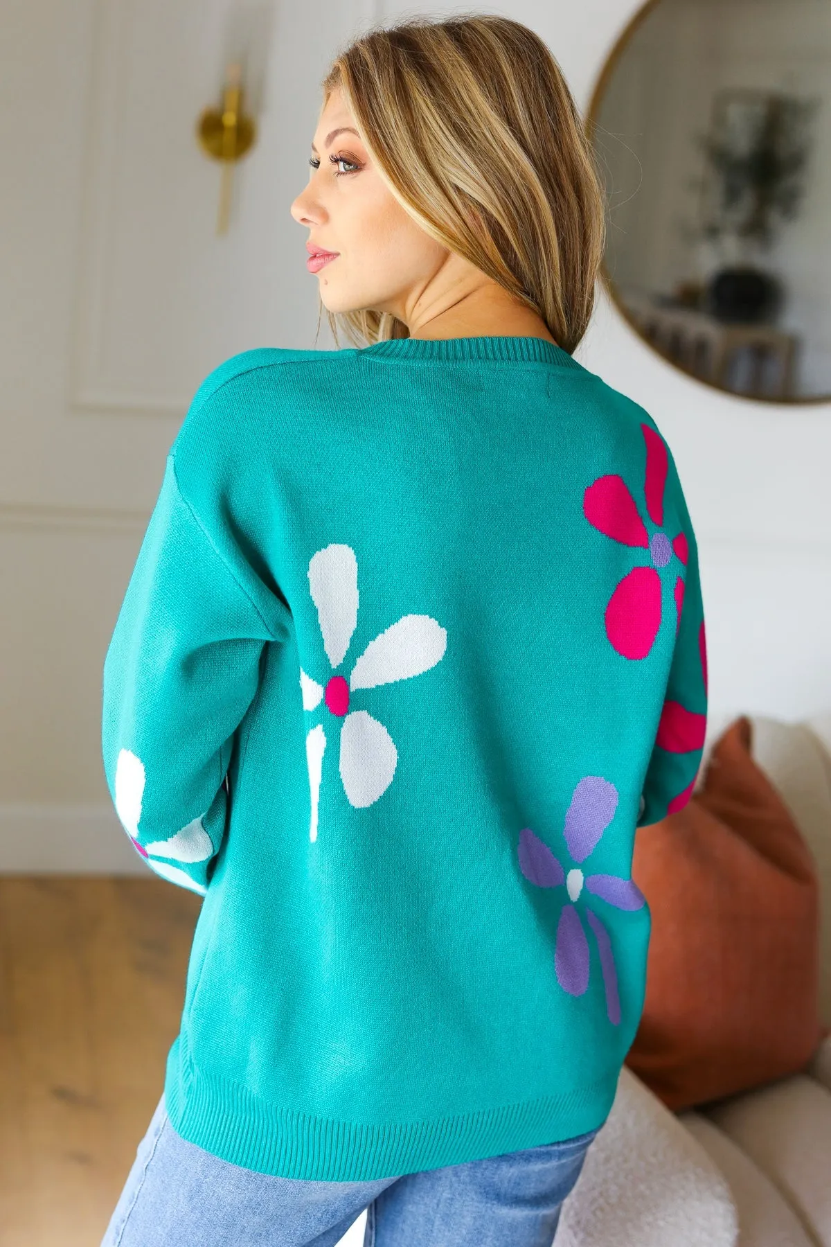 Explore More Collection - Adorable Turquoise Daisy Flower Jacquard Pullover Sweater