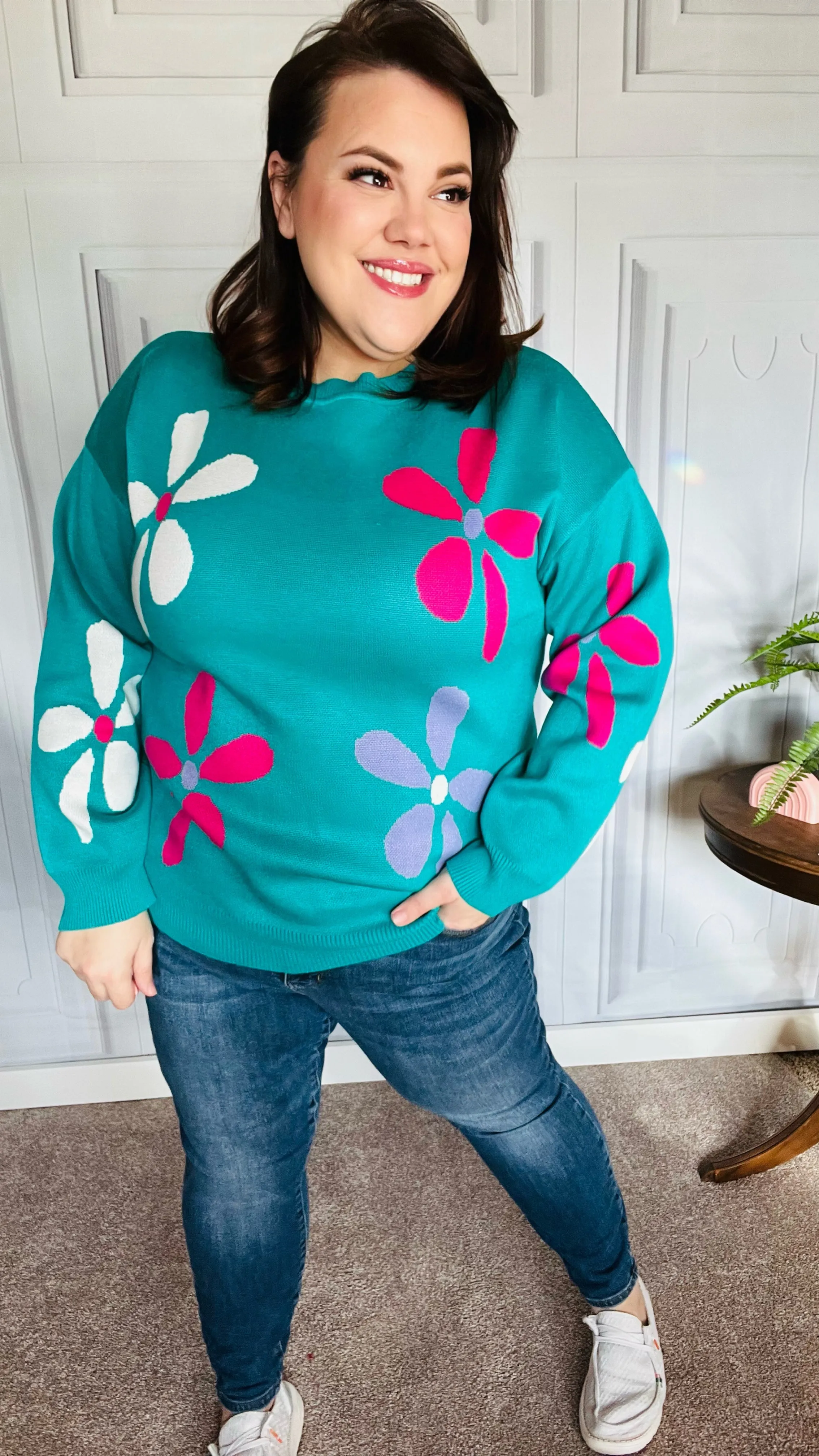 Explore More Collection - Adorable Turquoise Daisy Flower Jacquard Pullover Sweater