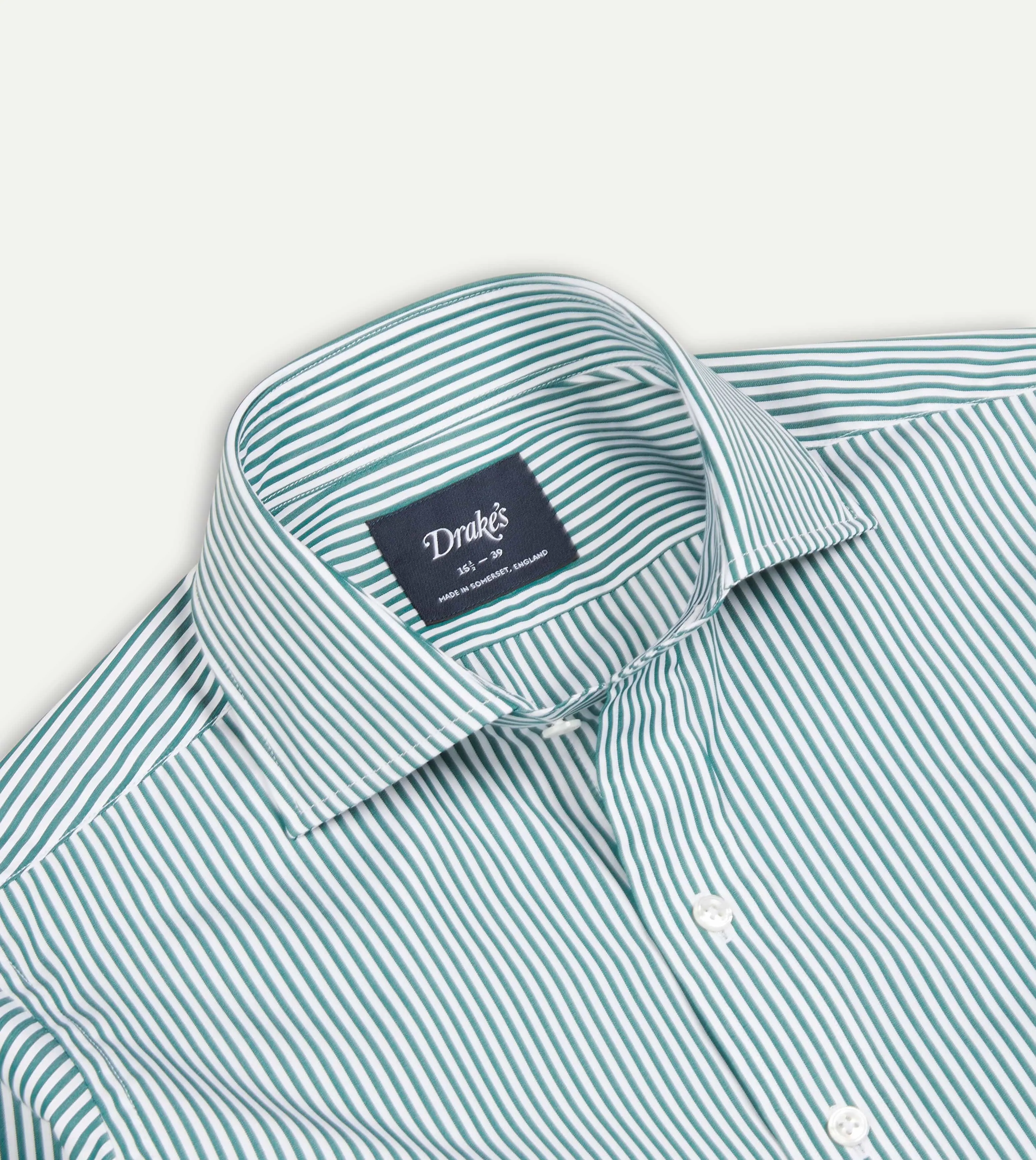 Green and White Bengal Stripe Spread Collar Cotton Poplin Shirt