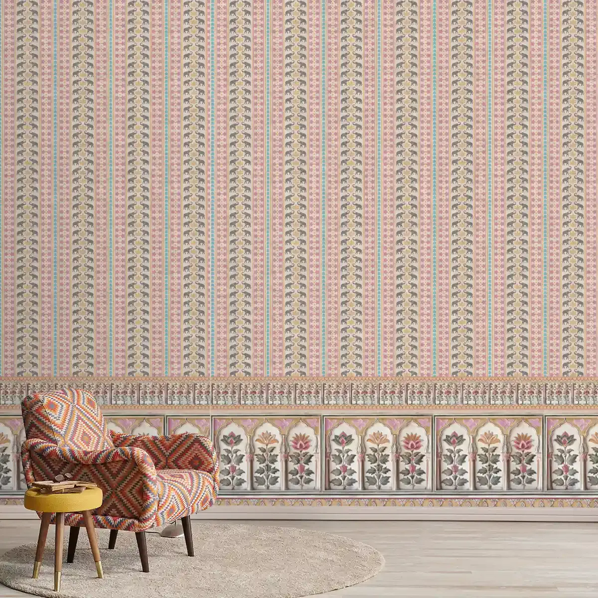 Kala Heritage Elegance: Intricate Indian Temple Art Wallpaper in Pink and Yellow