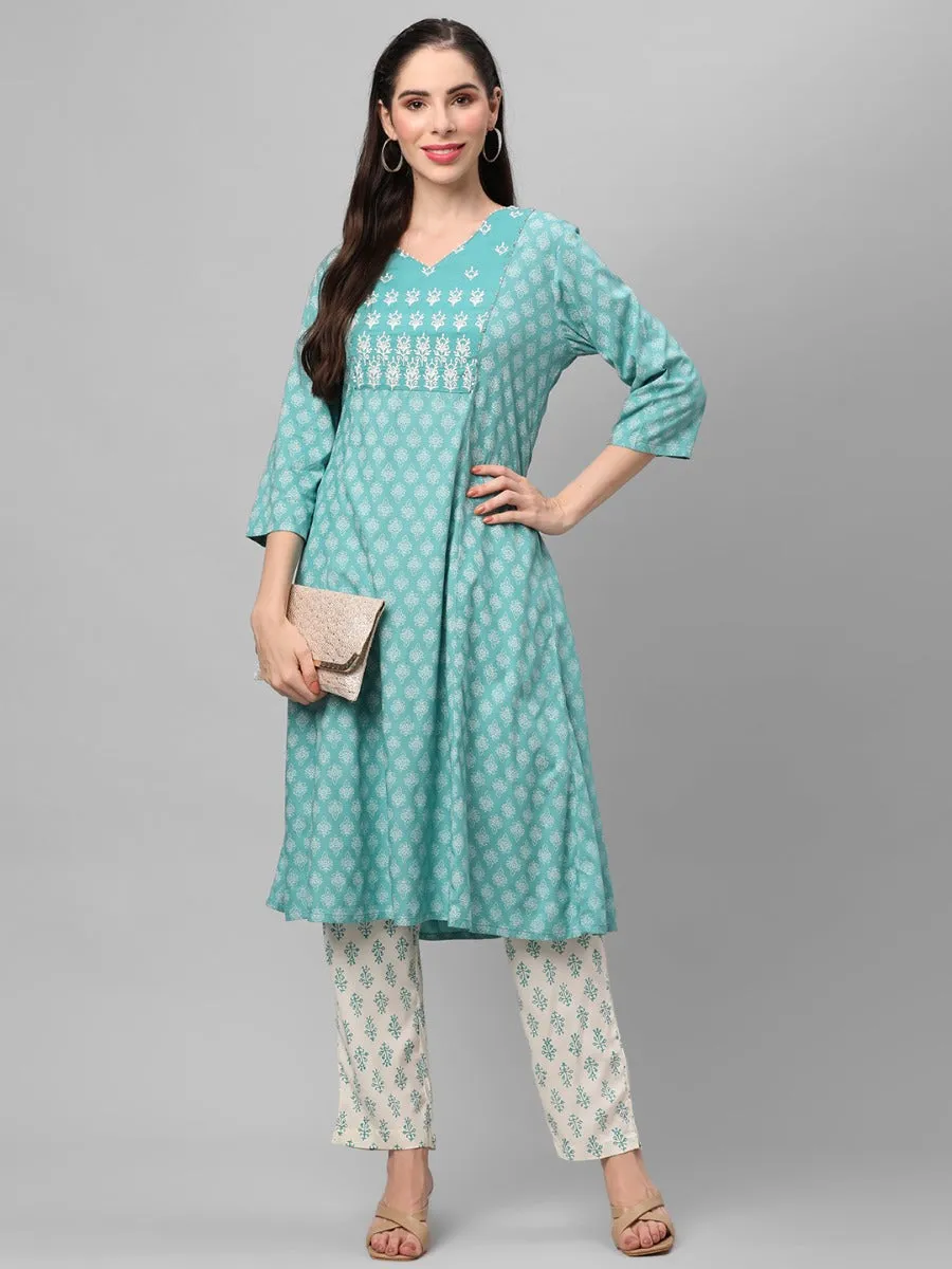 Sea Green Floral Printed Kurta With Trouser