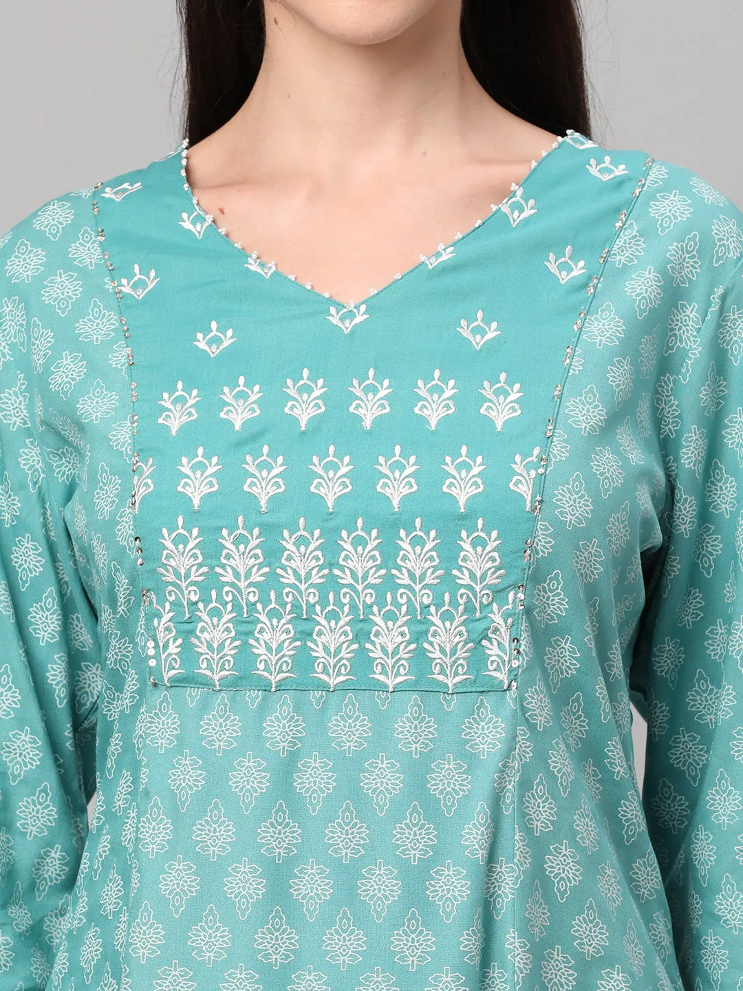 Sea Green Floral Printed Kurta With Trouser