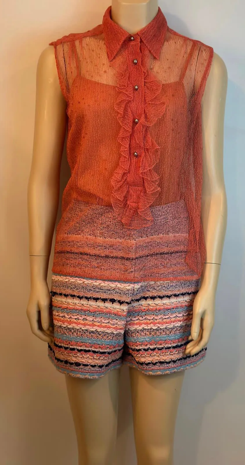 Vintage Chanel 02P, 2002 Spring 2-piece Orange Top Blouse Camisole sheer Lace Set FR 38