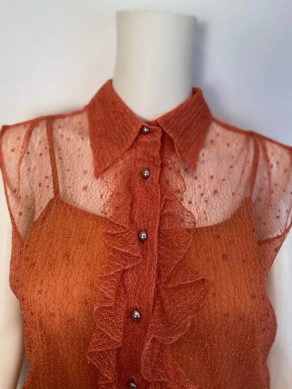 Vintage Chanel 02P, 2002 Spring 2-piece Orange Top Blouse Camisole sheer Lace Set FR 38