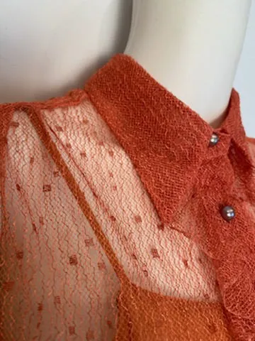 Vintage Chanel 02P, 2002 Spring 2-piece Orange Top Blouse Camisole sheer Lace Set FR 38