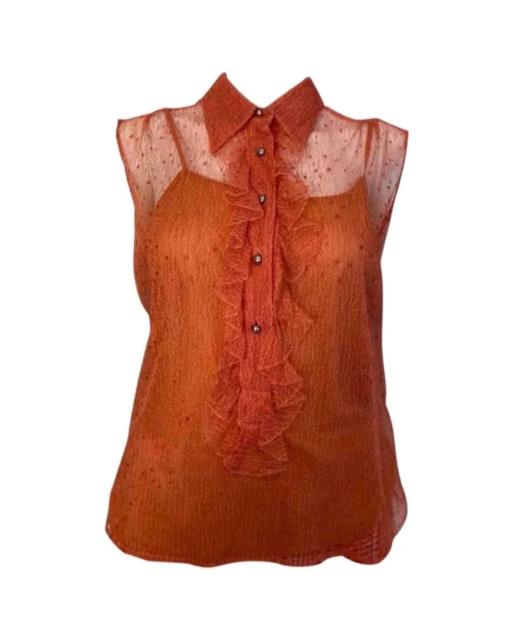 Vintage Chanel 02P, 2002 Spring 2-piece Orange Top Blouse Camisole sheer Lace Set FR 38