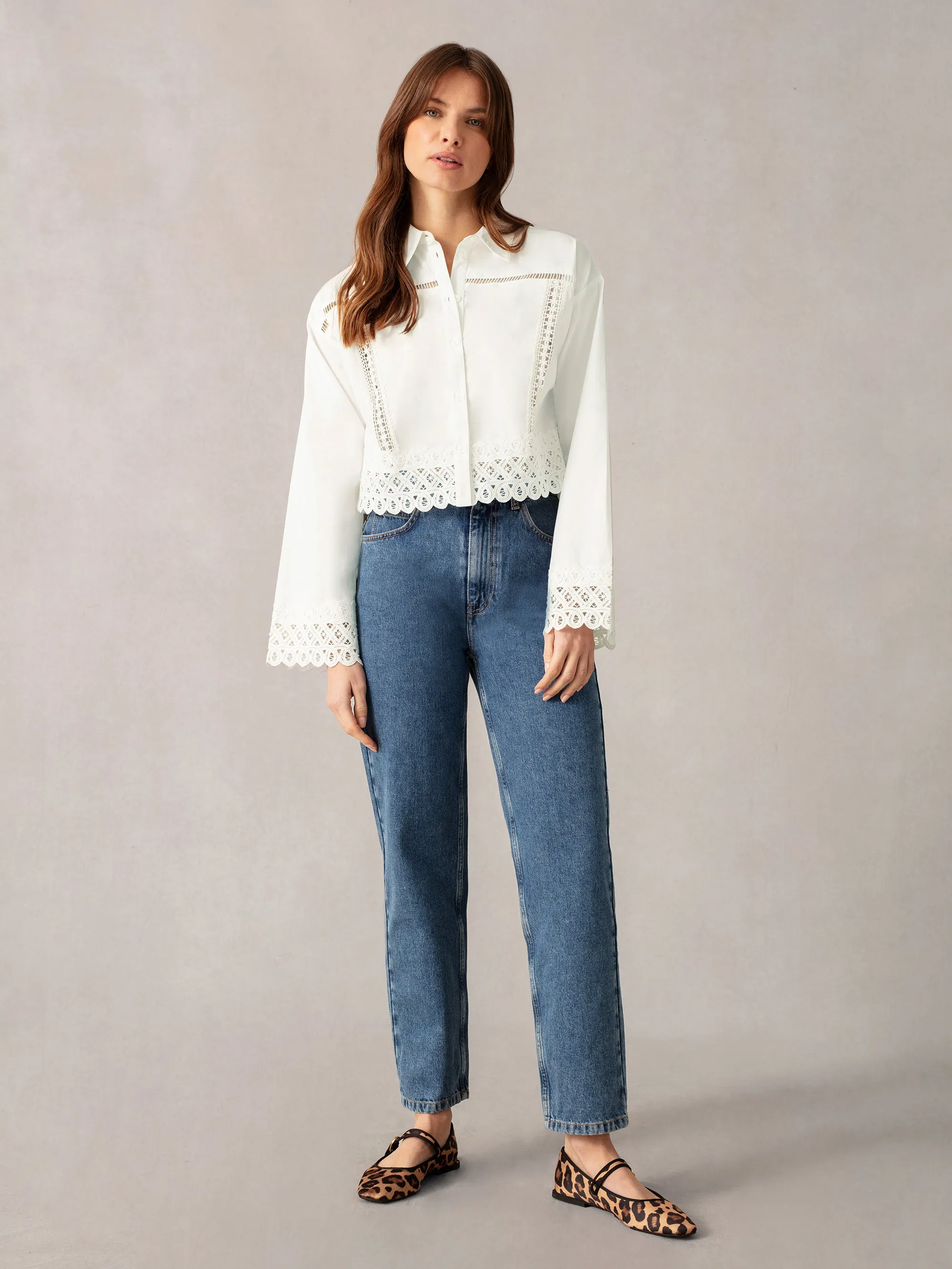 White Cropped Crochet Trim Shirt